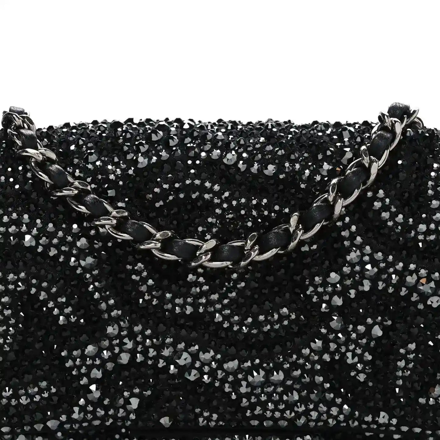 Black rhinestone small flap bag front with silver-tone chain detail across top