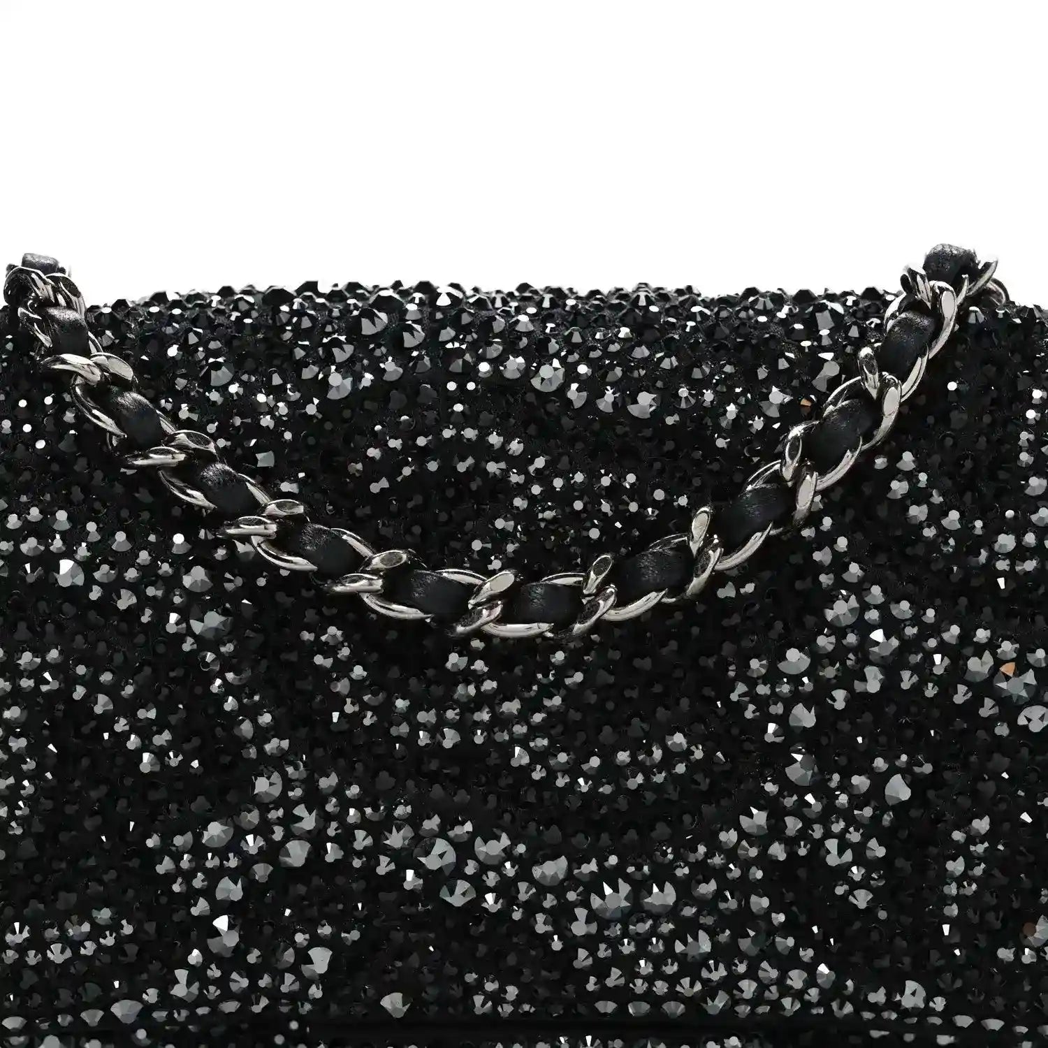 Black rhinestone small flap bag front with silver-tone chain detail across top