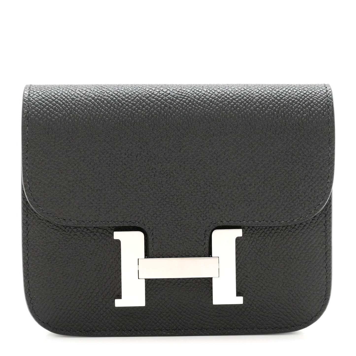 Black slim wallet with front H clasp in palladium-tone metal.