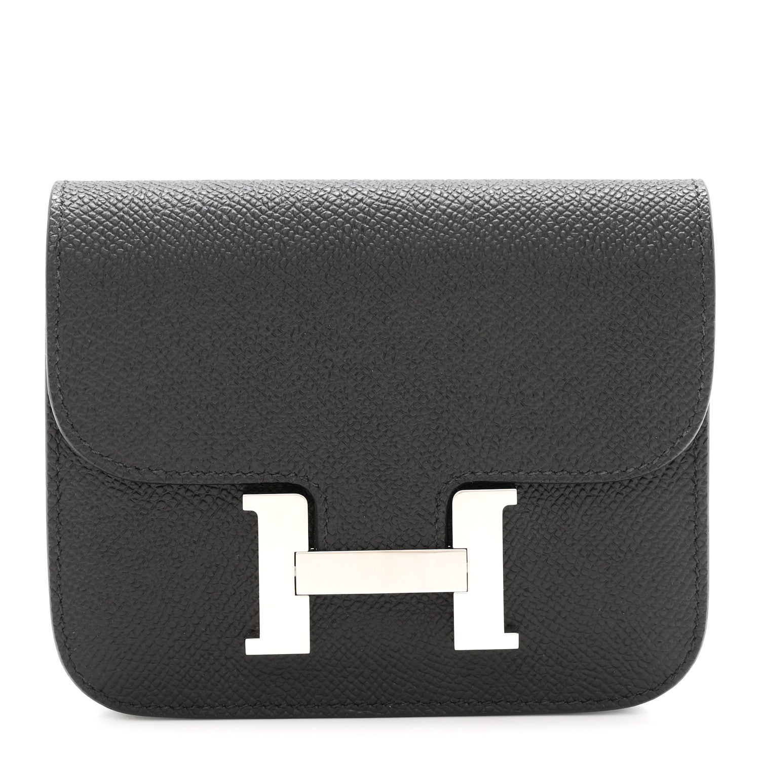 Black slim wallet with front H clasp in palladium-tone metal.