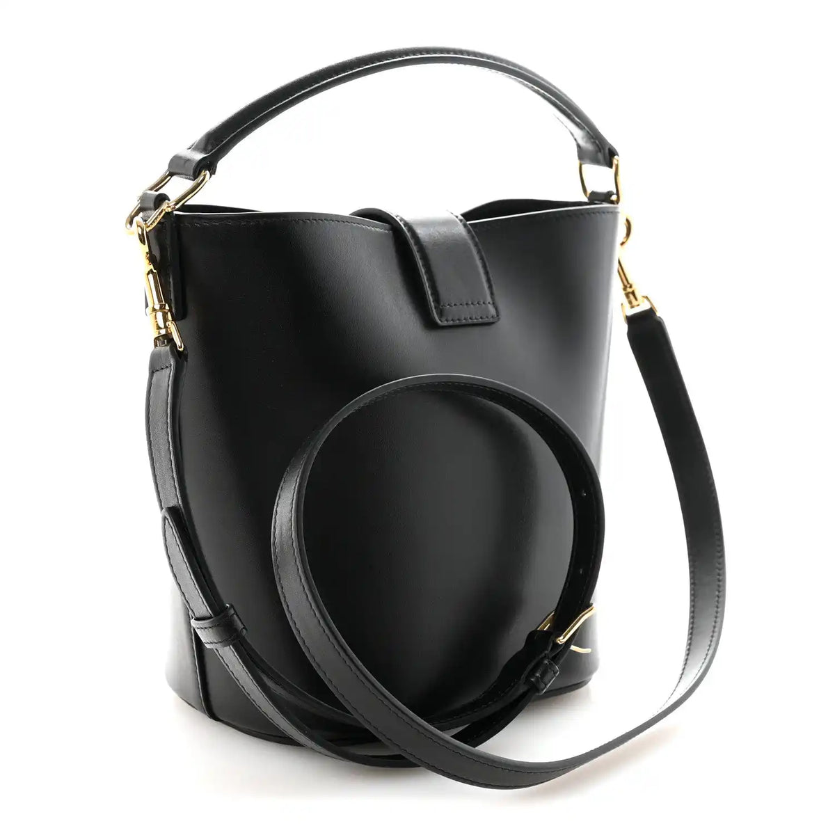 Small black Celine bucket bag with structured top, gold hardware, crossbody strap