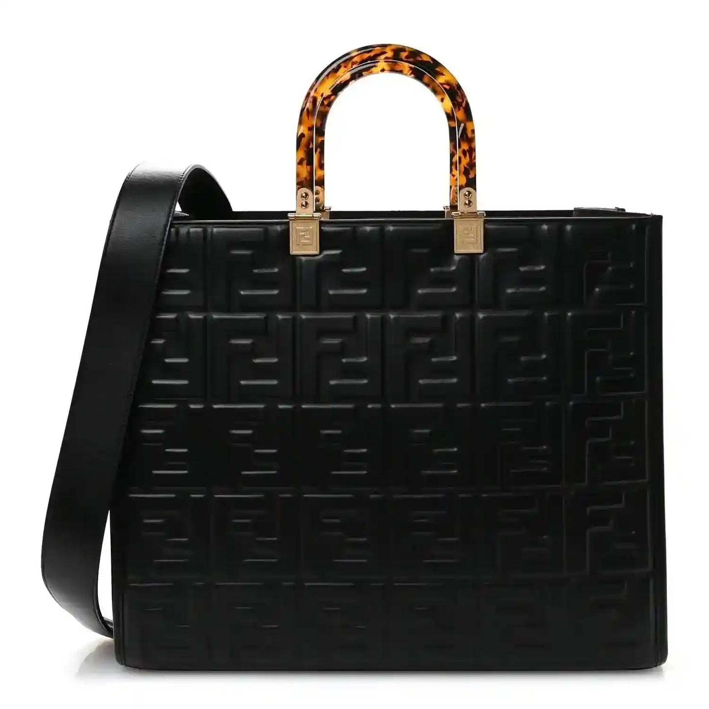 Black leather tote bag with embossed FF pattern, tortoise handles, gold hardware