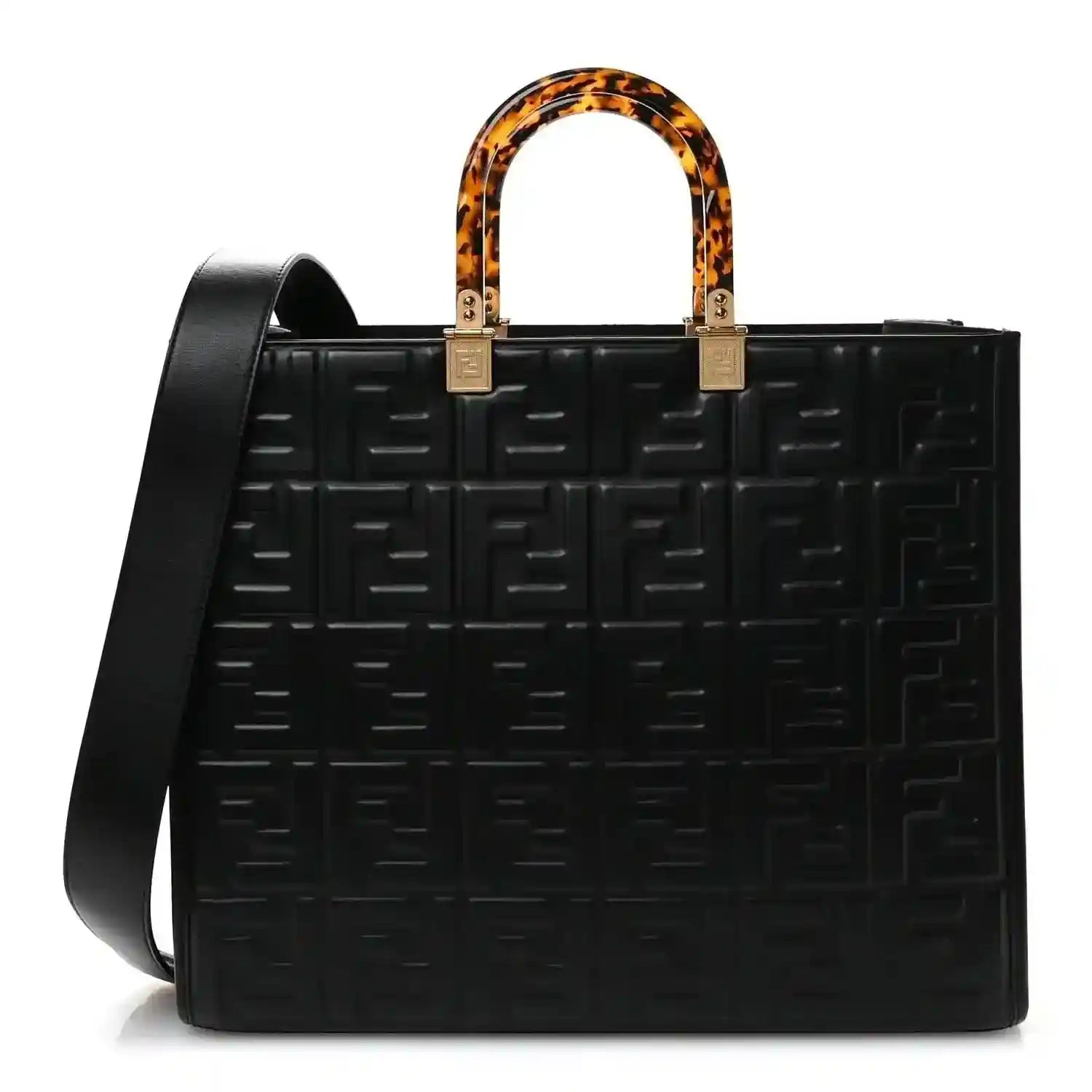 Black leather tote bag with embossed FF pattern, tortoise handles, gold hardware