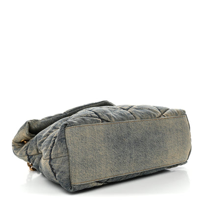 Denim quilted puffer satchel with back panel and flap