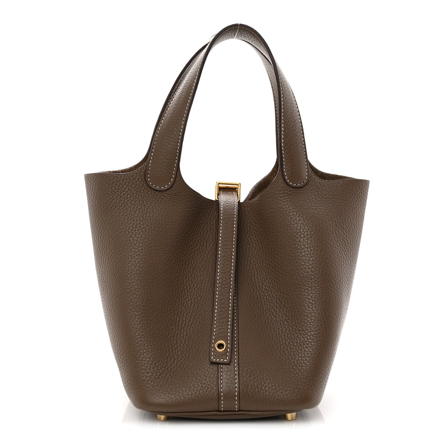 Taupe leather bucket bag with center strap, gold clasp, and top handles.