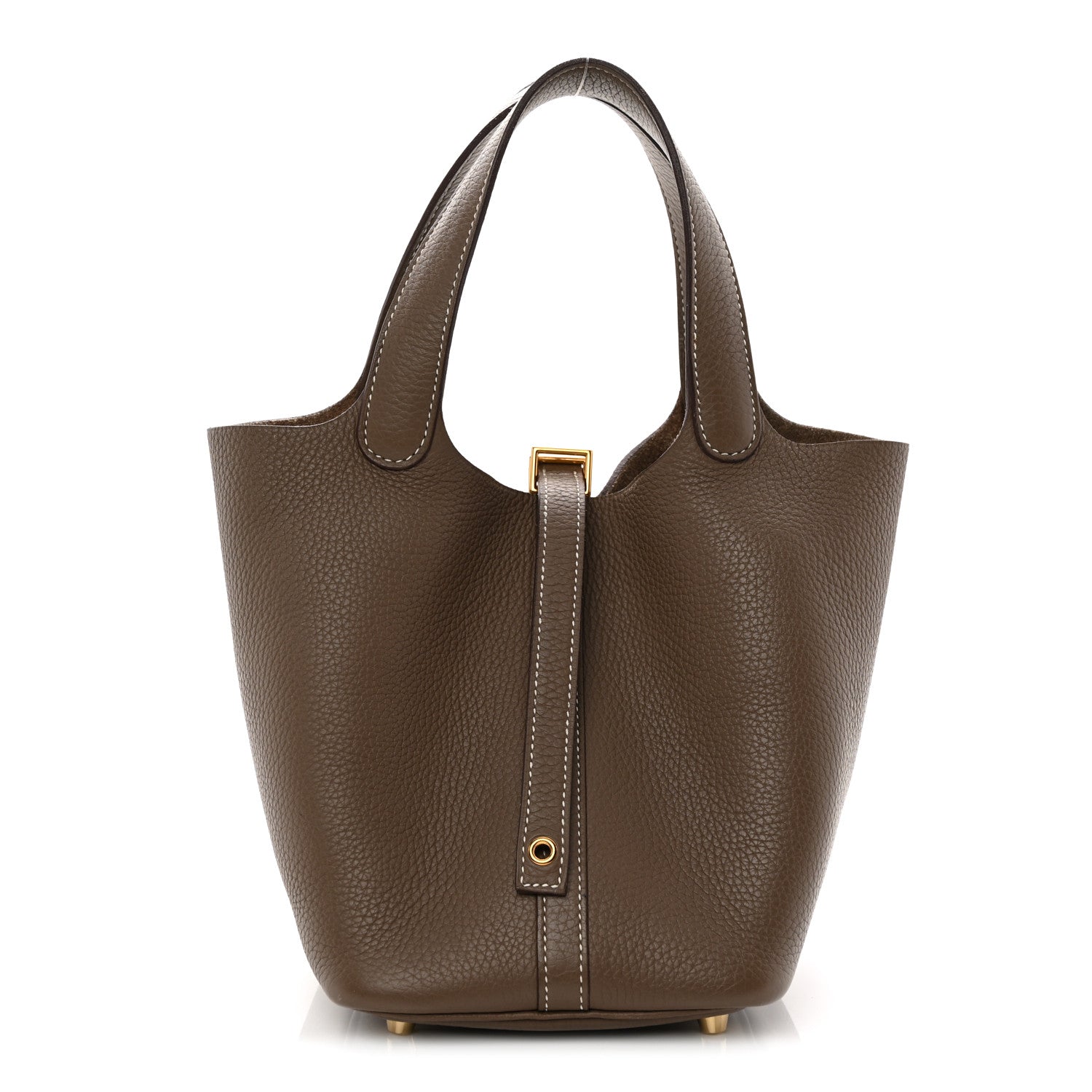 Taupe leather bucket bag with center strap, gold clasp, and top handles.