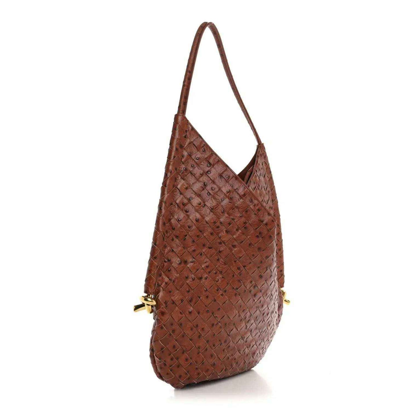 Brown hobo bag with woven intrecciato leather texture and short top handles.