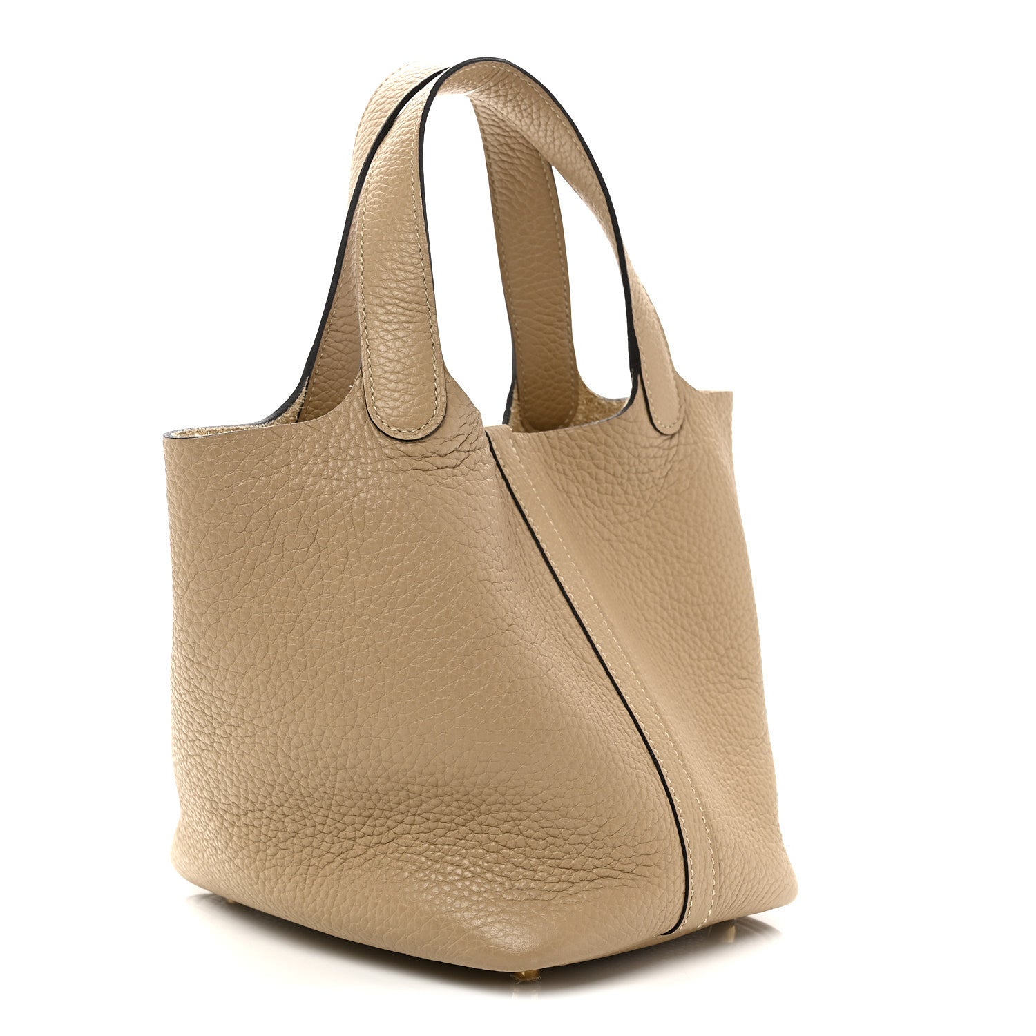 Beige grained calfskin bucket handbag shown from the side with matching handle.