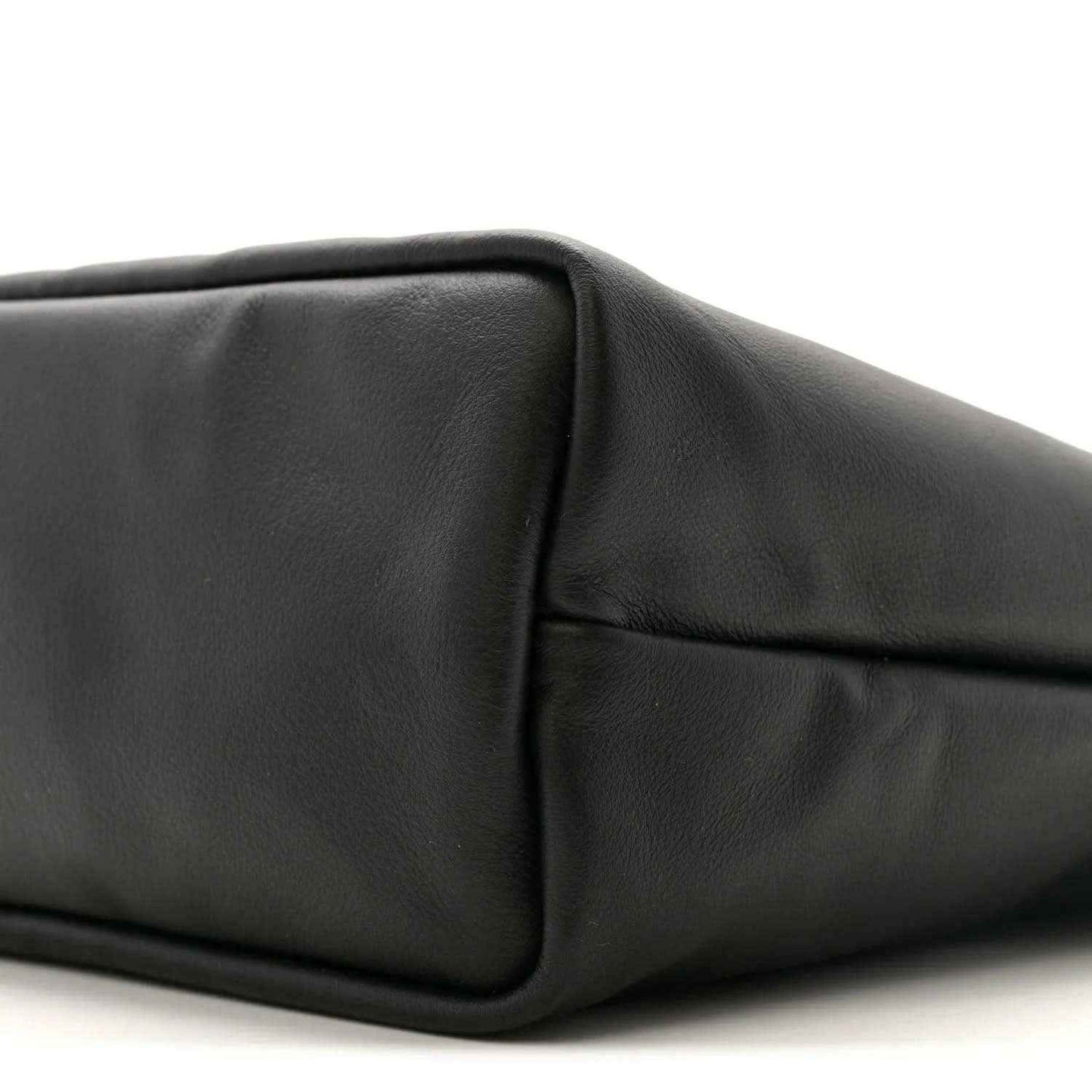 Mini Anjou reversible tote bag, black leather end panel with corner seam