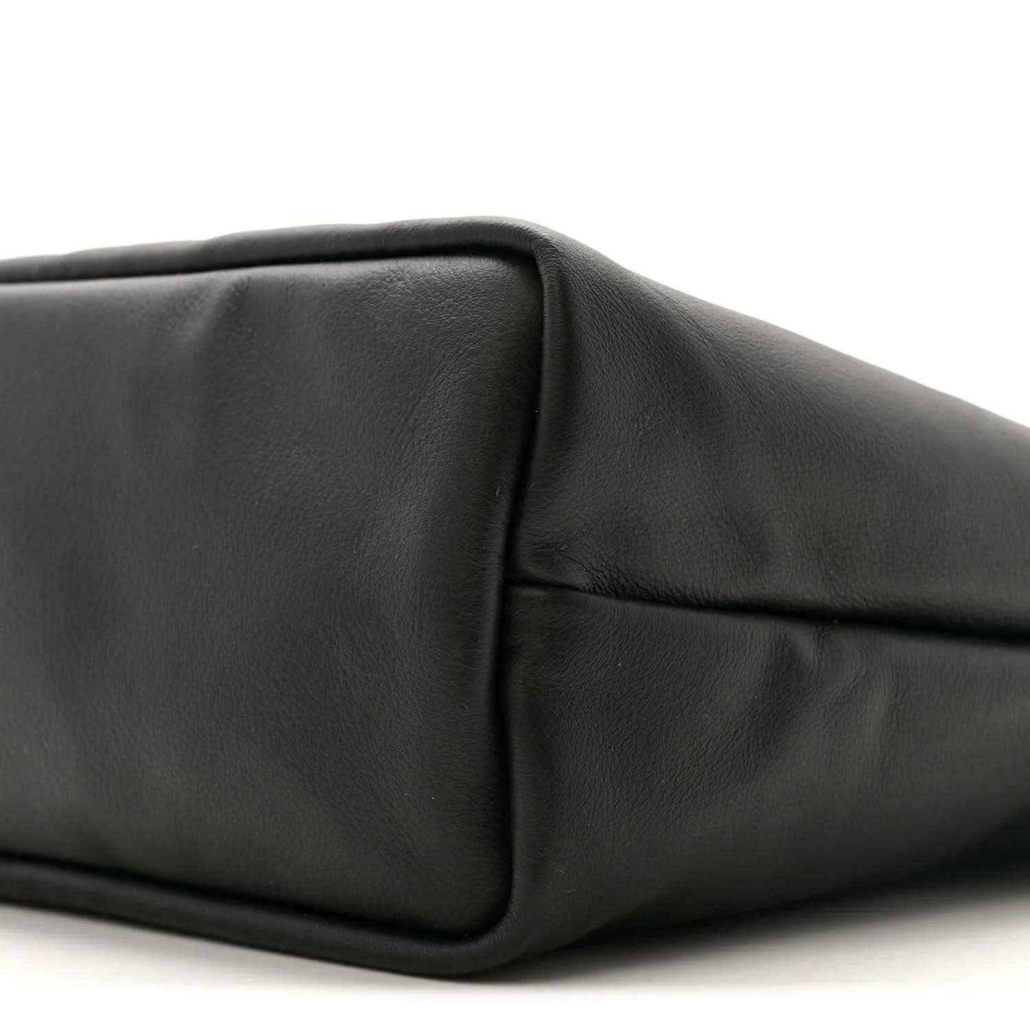 Mini Anjou reversible tote bag, black leather end panel with corner seam