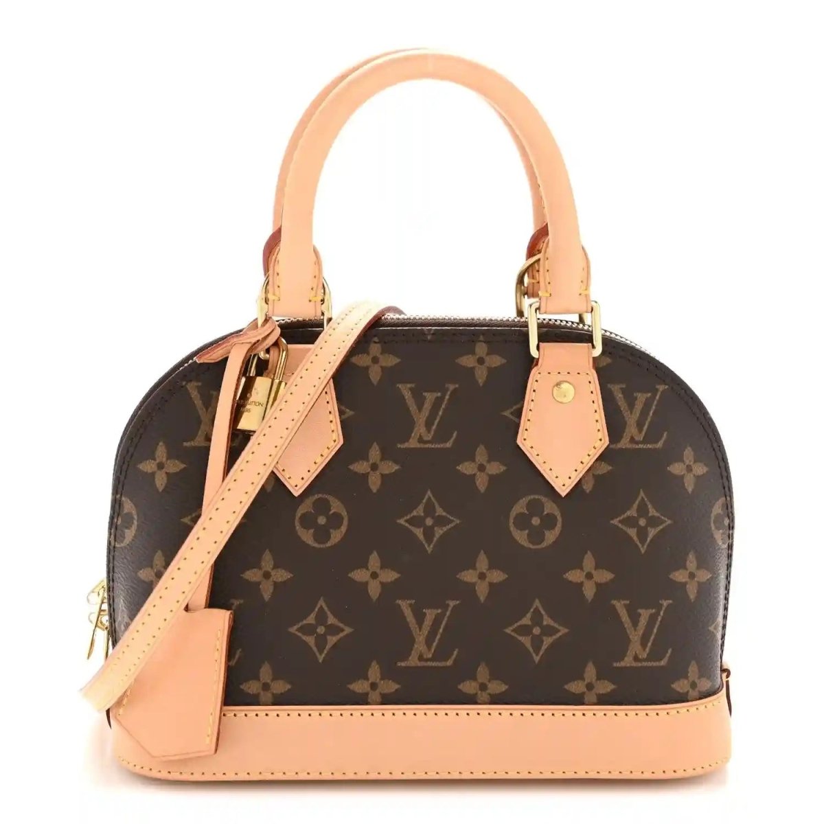 Small monogram tote bag with tan leather top handles and front crossbody strap
