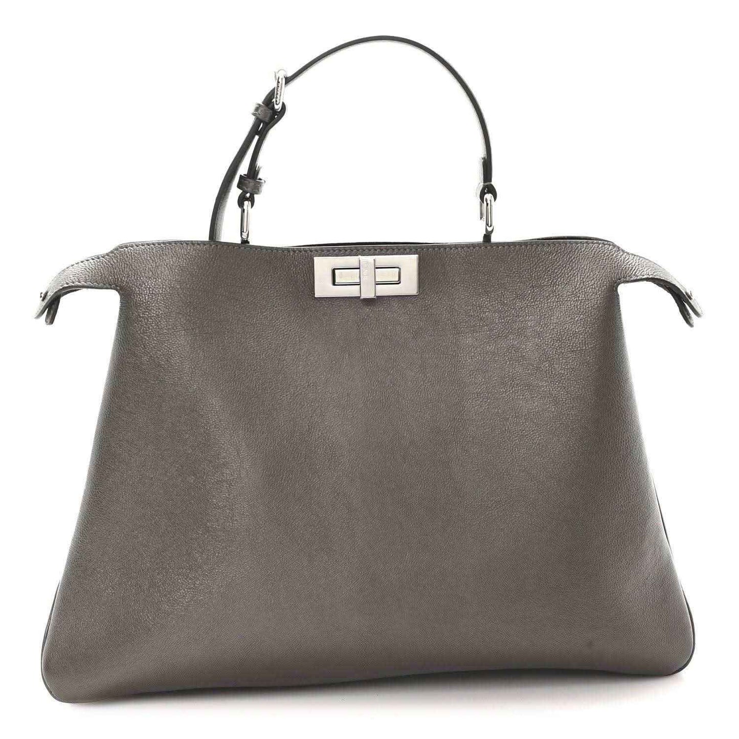 Fendi Peekaboo leather tote in tortora, front view with top handles and center clasp