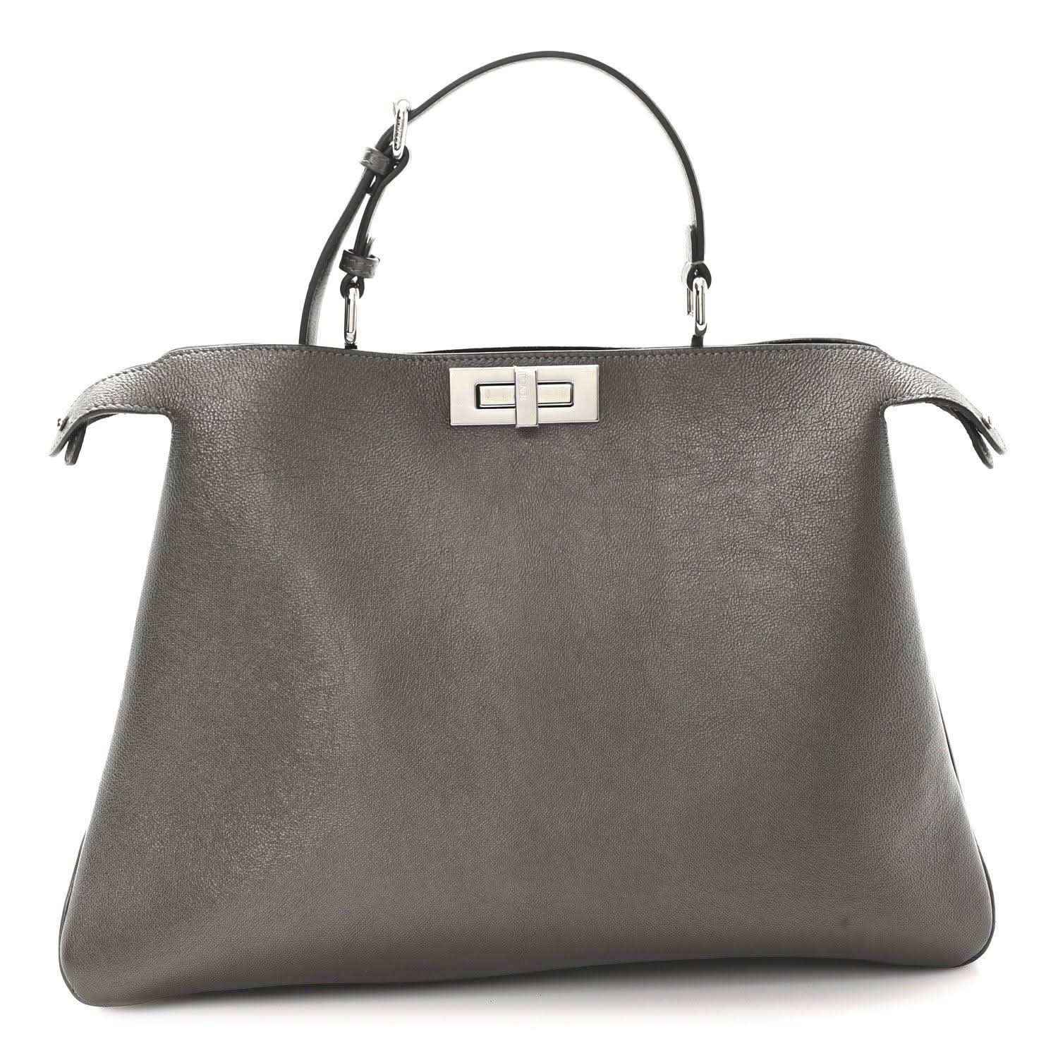 Fendi Peekaboo leather tote in tortora, front view with top handles and center clasp