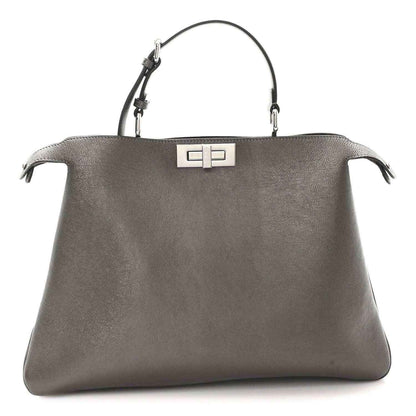 Fendi Peekaboo leather tote in tortora, front view with top handles and center clasp