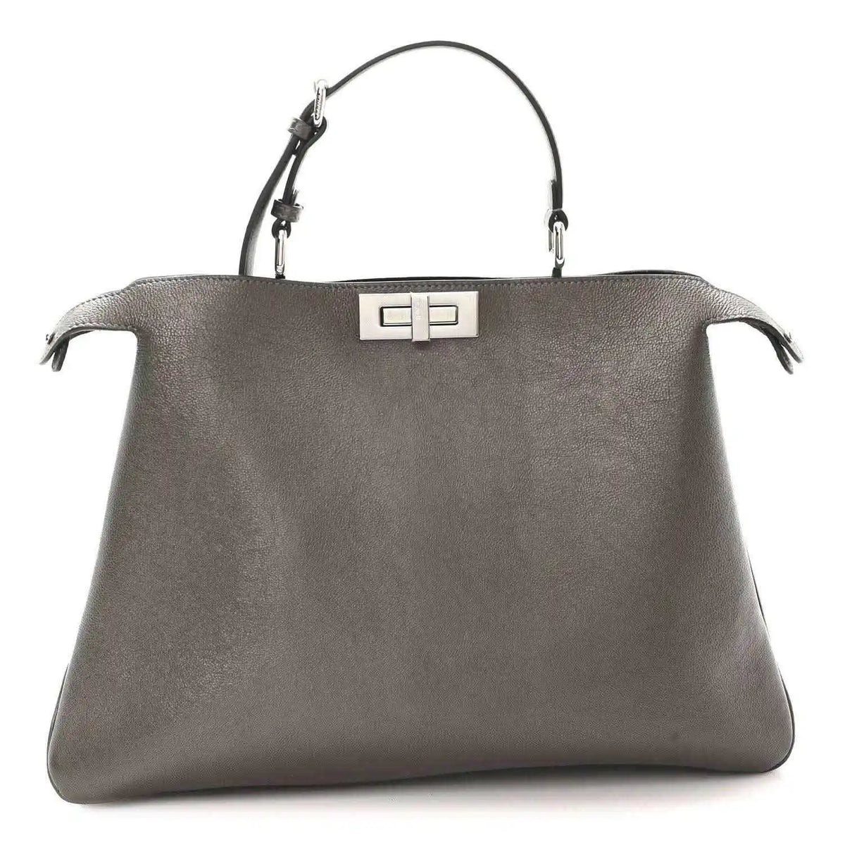 Fendi Peekaboo leather tote in tortora, front view with top handles and center clasp
