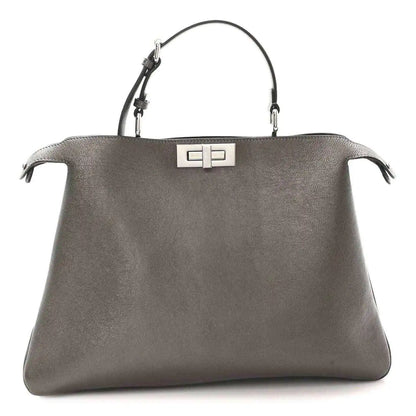 Fendi Peekaboo leather tote in tortora, front view with top handles and center clasp
