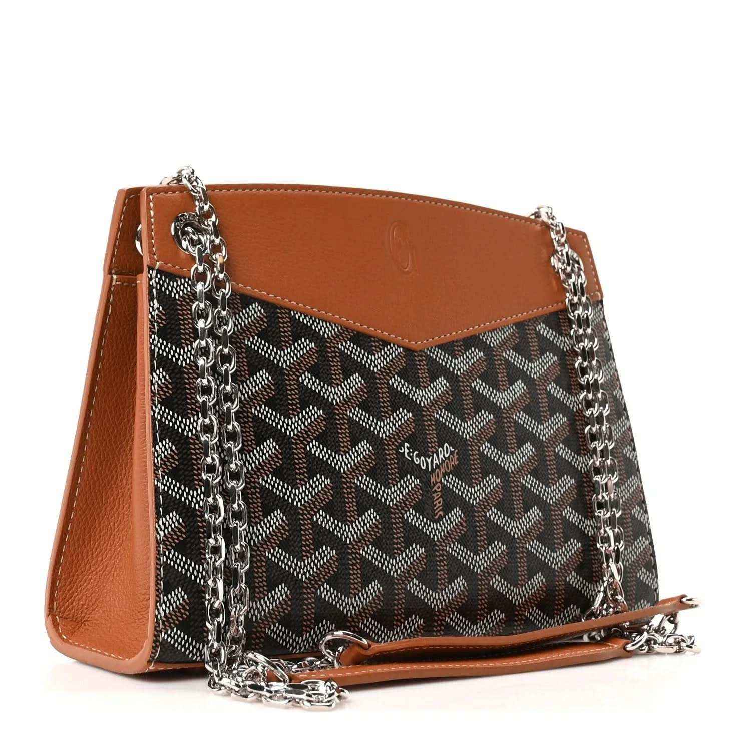 Mini tote bag with tan leather exterior, black logo canvas center, and silver chain shoulder strap.