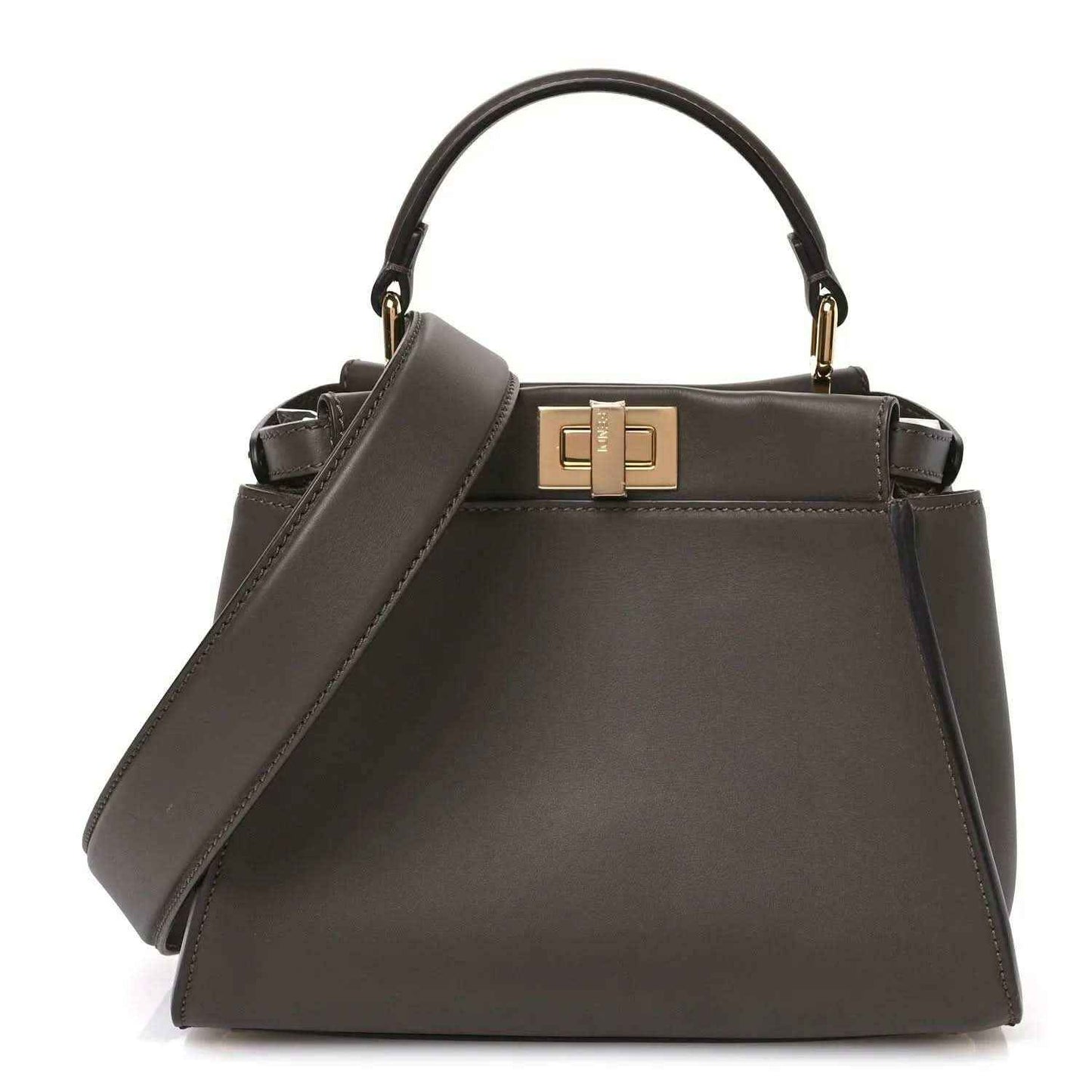 Mini Peekaboo satchel in dark chocolate brown leather, gold clasp and top handles.