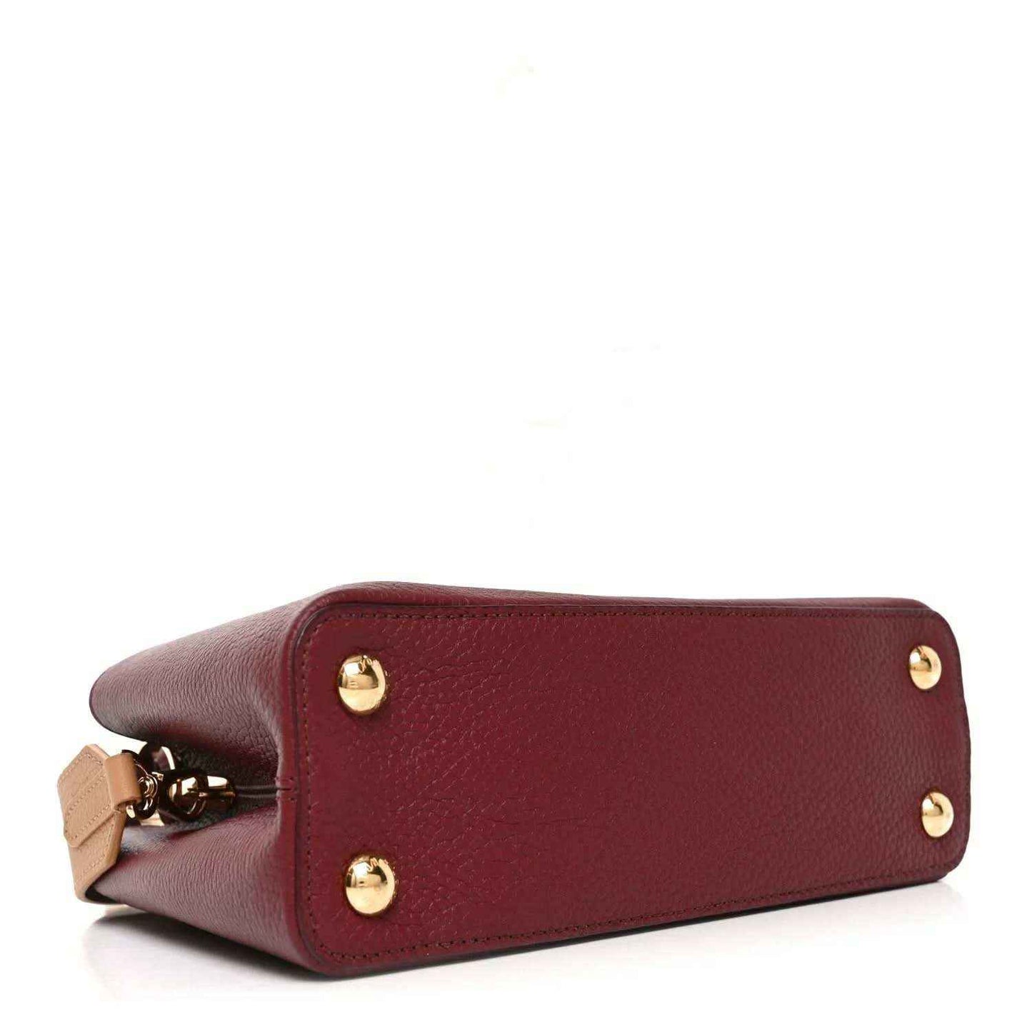 Bordeaux leather handbag base with gold studs and corner strap hardware.