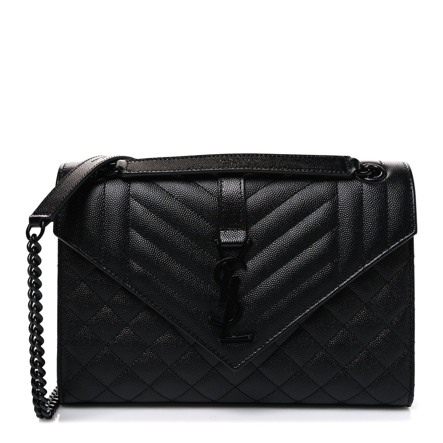 Saint Laurent black quilted medium satchel with flap, chevron stitching, chain strap
