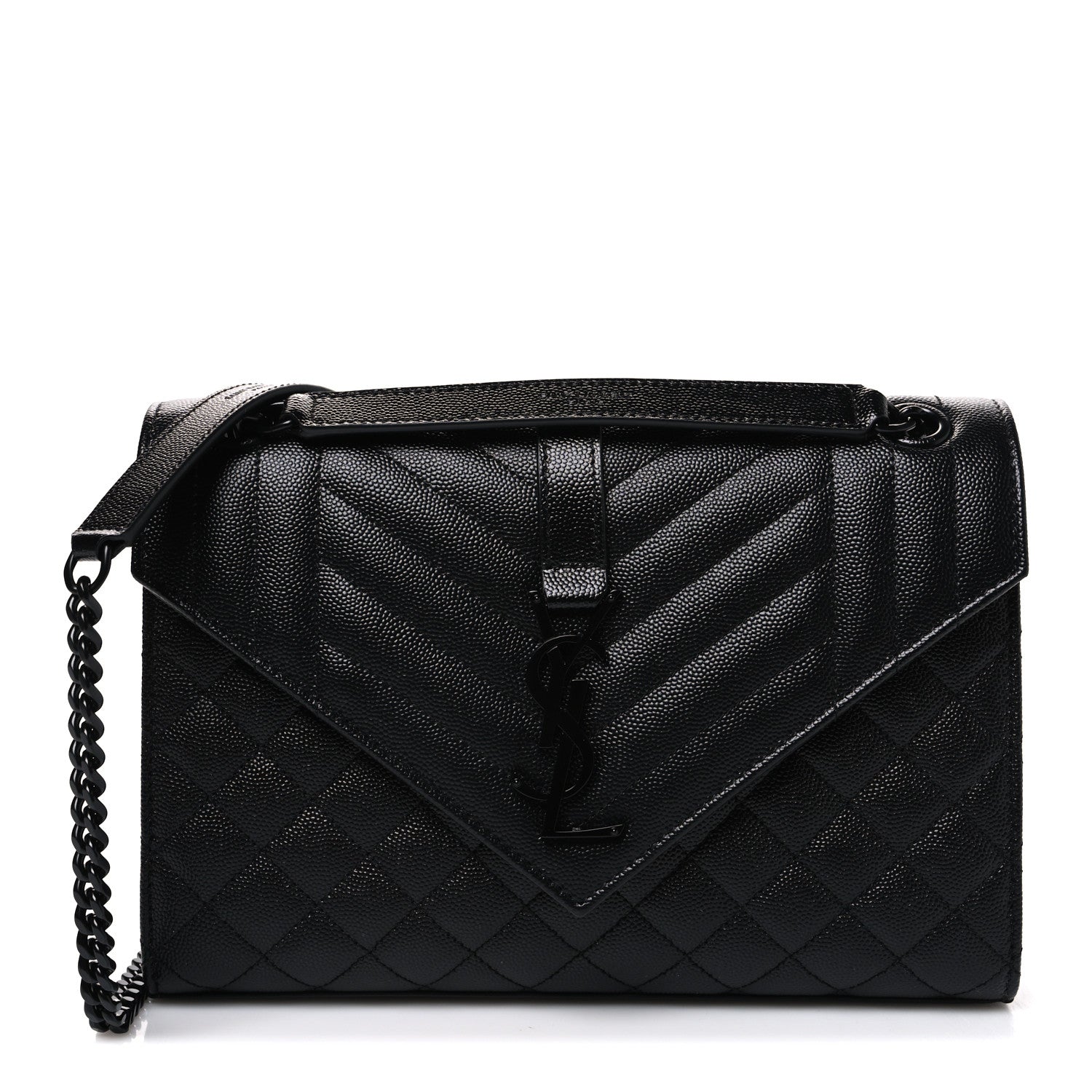 Saint Laurent black quilted medium satchel with flap, chevron stitching, chain strap