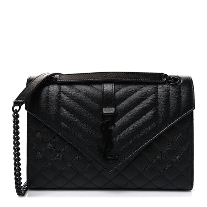 Saint Laurent black quilted medium satchel with flap, chevron stitching, chain strap