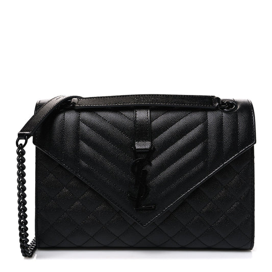 Saint Laurent black quilted medium satchel with flap, chevron stitching, chain strap