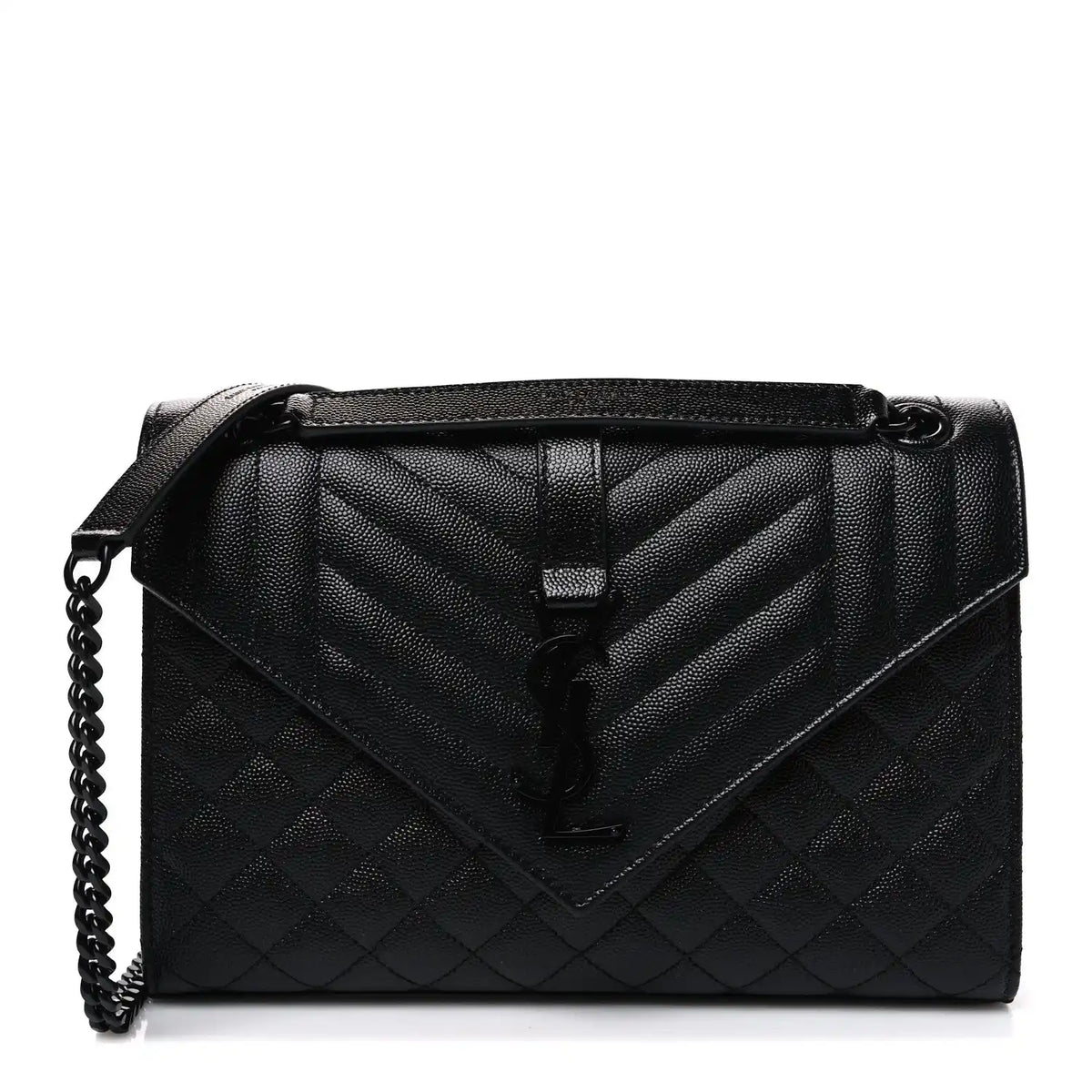 Saint Laurent black quilted medium satchel with flap, chevron stitching, chain strap