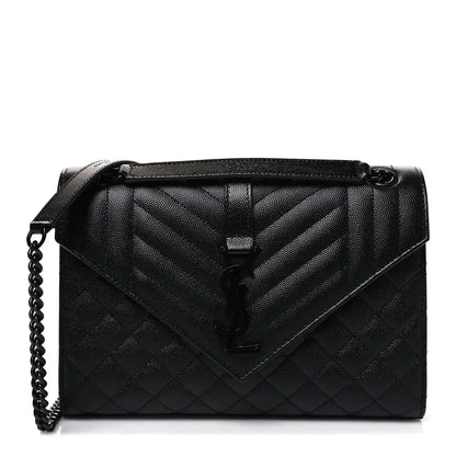 Saint Laurent black quilted medium satchel with flap, chevron stitching, chain strap