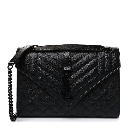 Saint Laurent black quilted medium satchel with flap, chevron stitching, chain strap
