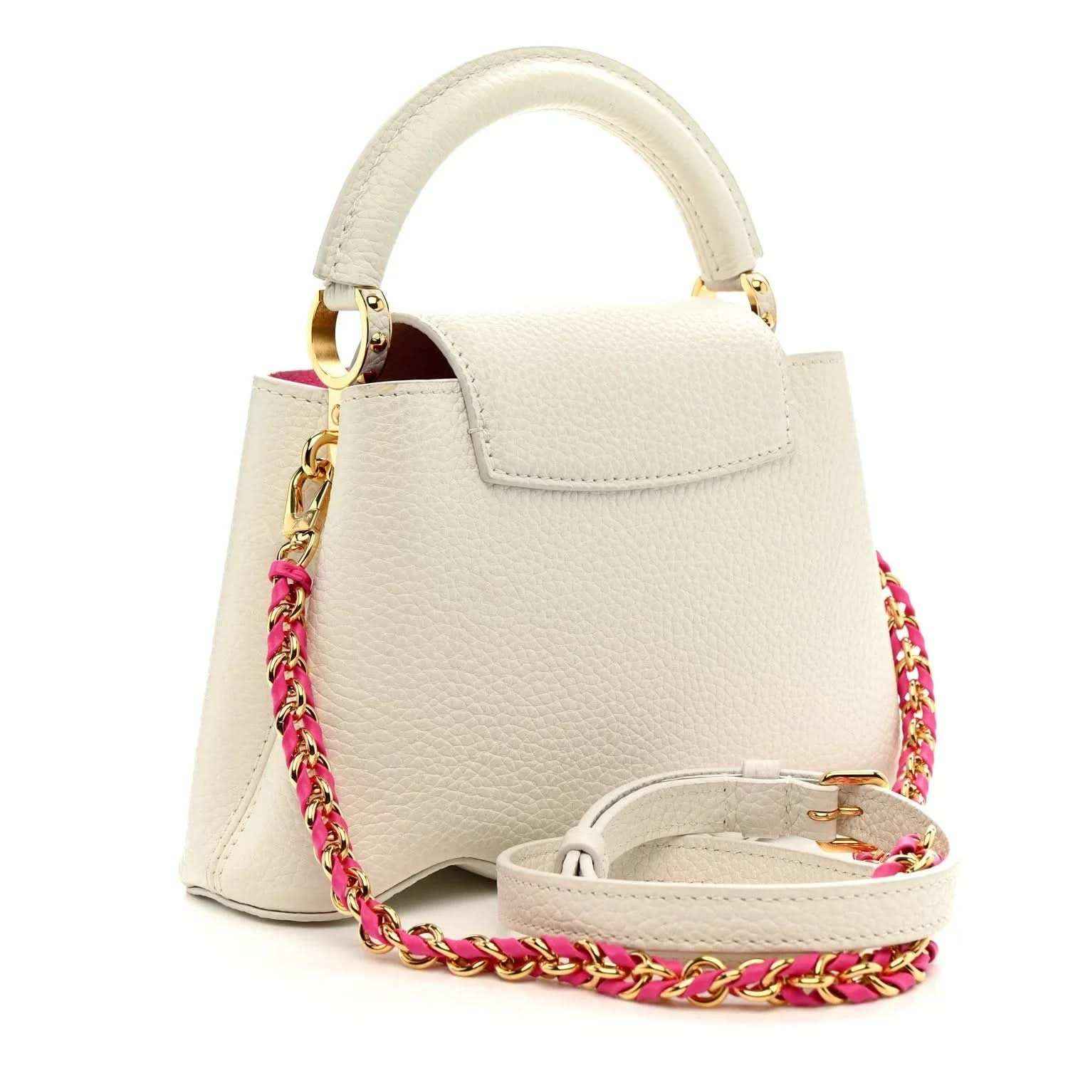 Louis Vuitton Capucines mini handbag, white, chain strap with pink accents