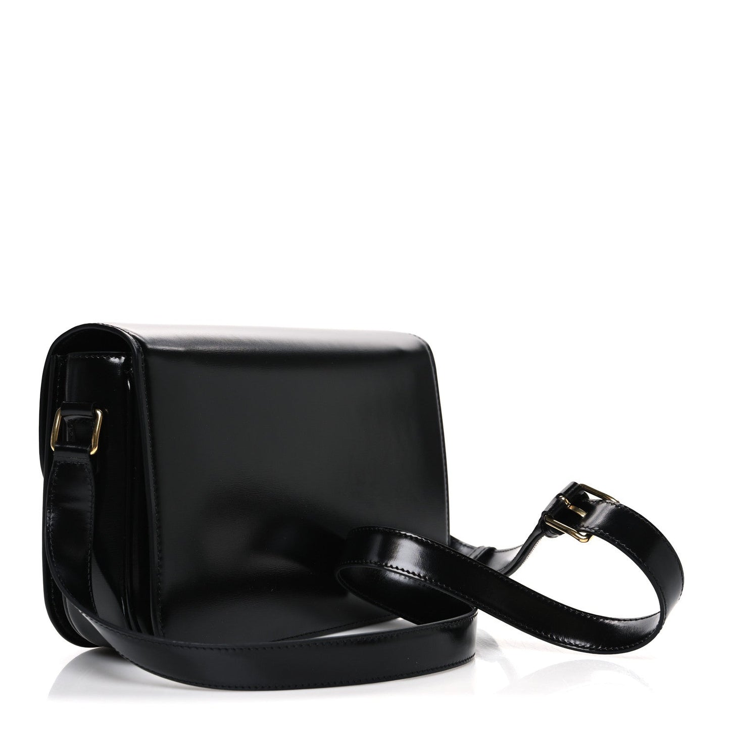 Shiny calfskin medium shoulder bag in black with front strap attachment and gold buckle