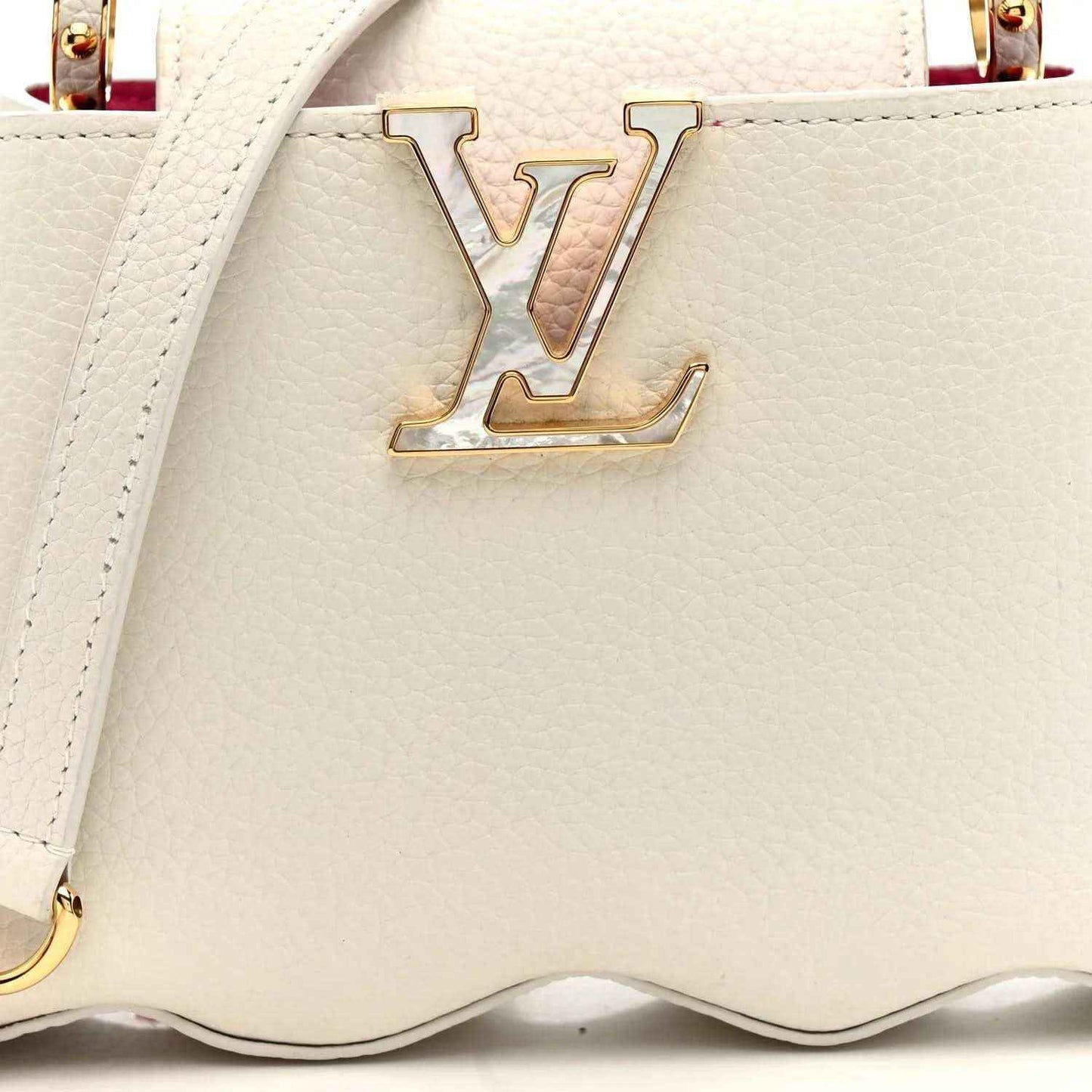 Louis Vuitton Capucines mini handbag front, white, large LV logo on flap