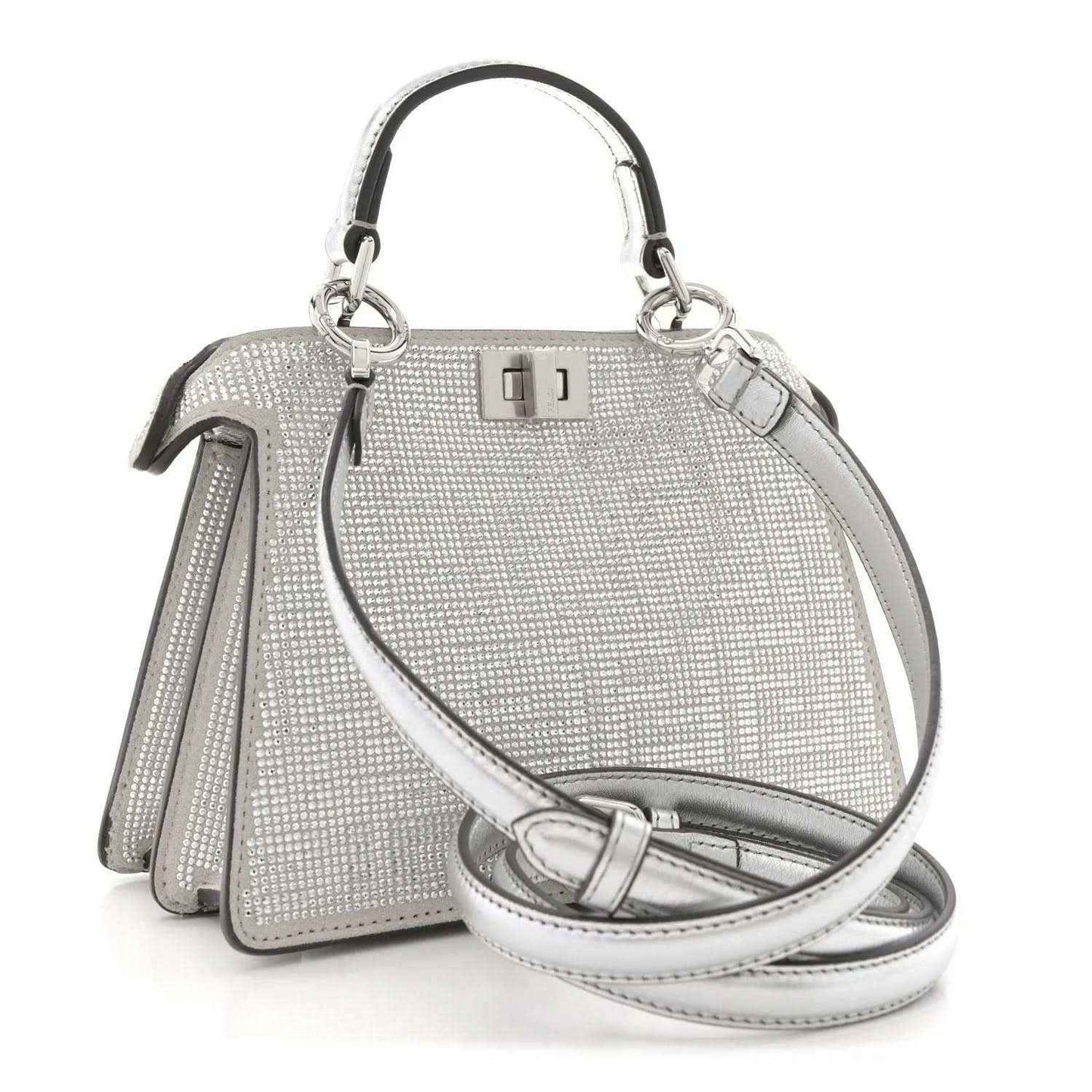 Silver crystal satchel with top handles and detachable shoulder strap