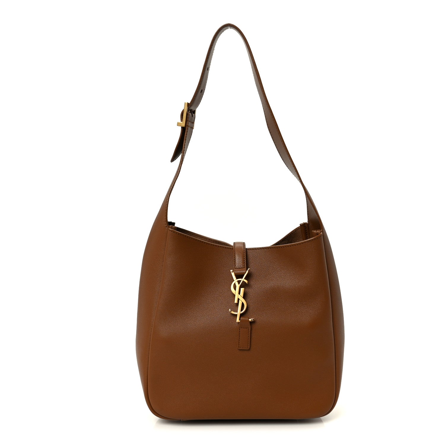 Saint Laurent hobo bag in smooth brown leather with top handles and front YSL logo charm