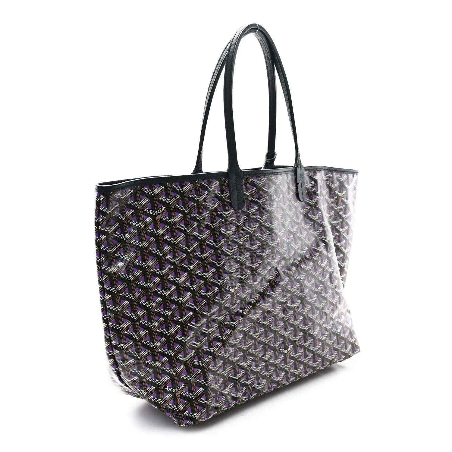 Tote bag with monogram pattern and dark handles, light exterior with purple accents