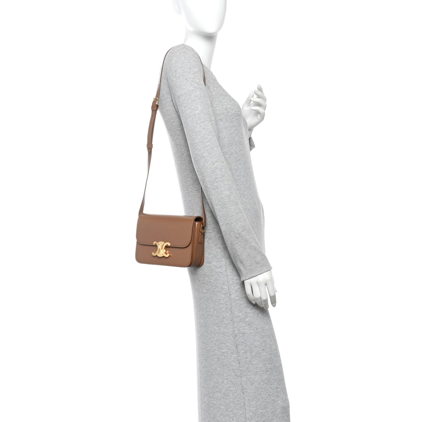 Calfskin crossbody bag on model, bronze flap with gold Triomphe clasp