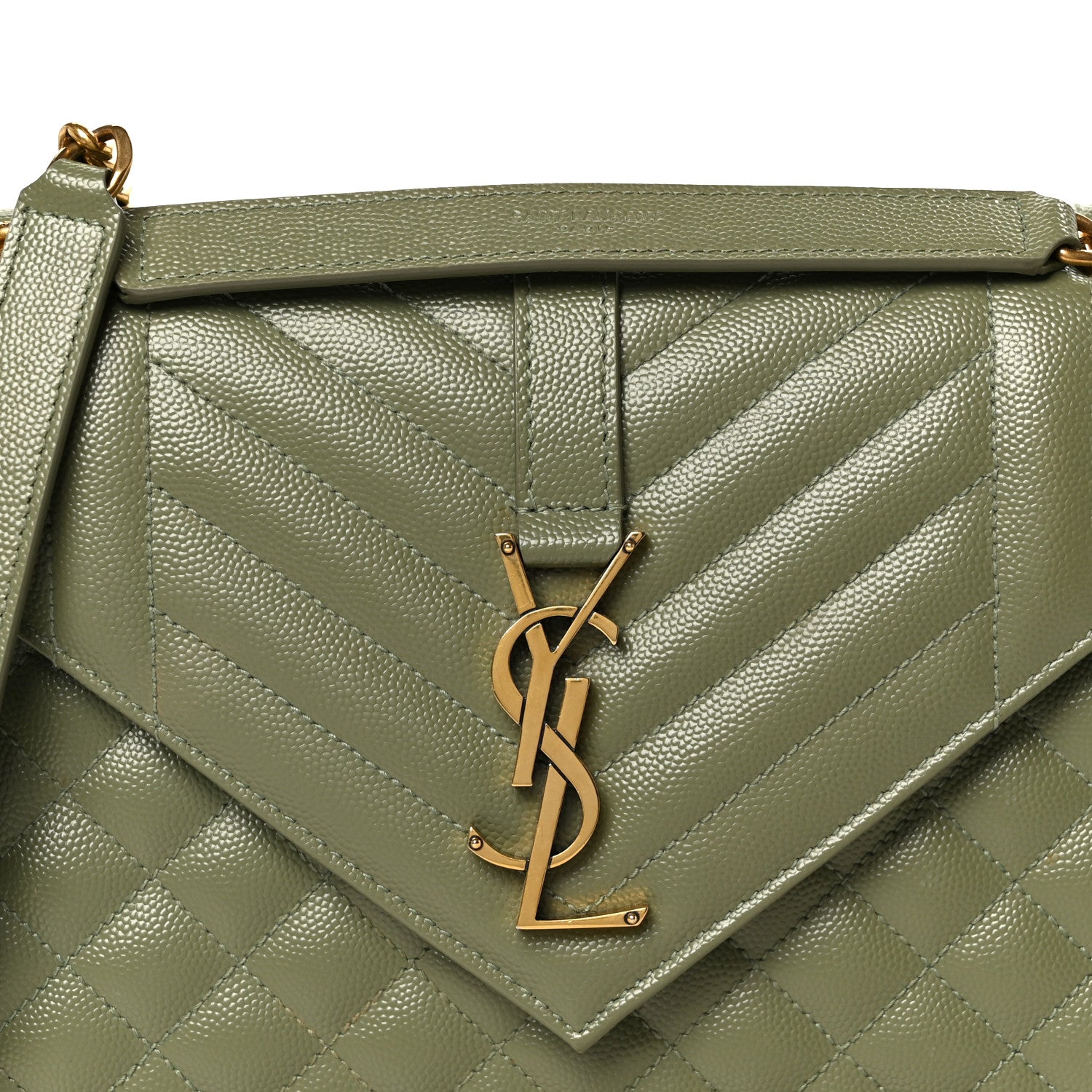Light sage quilted satchel with front YSL monogram and top handle, flap closure