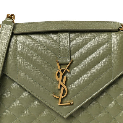 Light sage quilted satchel with front YSL monogram and top handle, flap closure