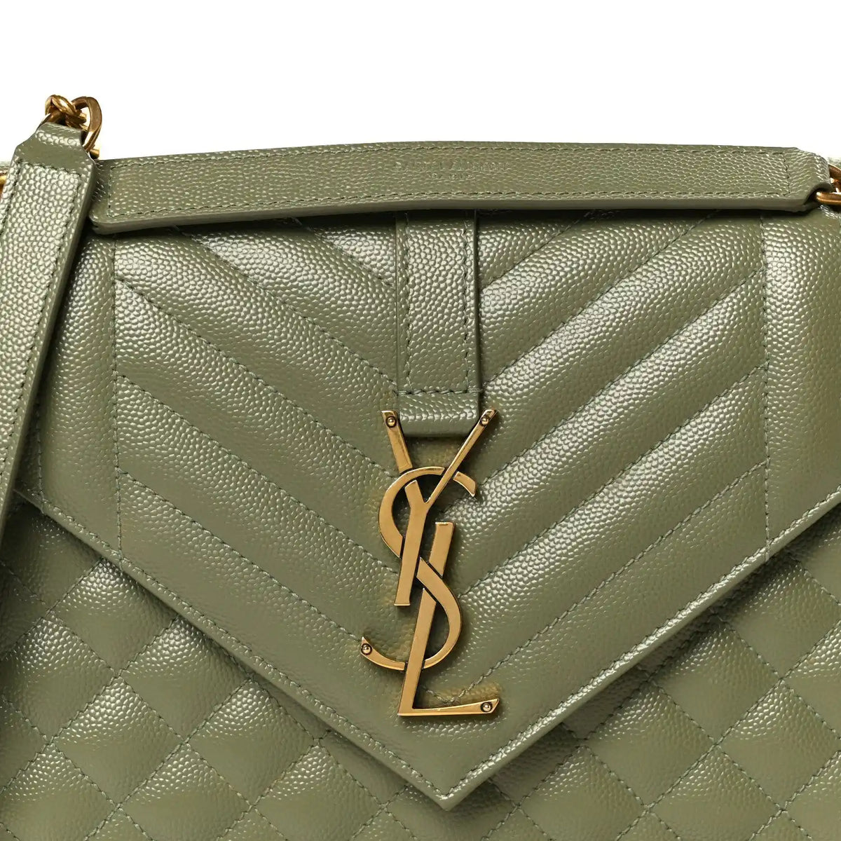 Light sage quilted satchel with front YSL monogram and top handle, flap closure