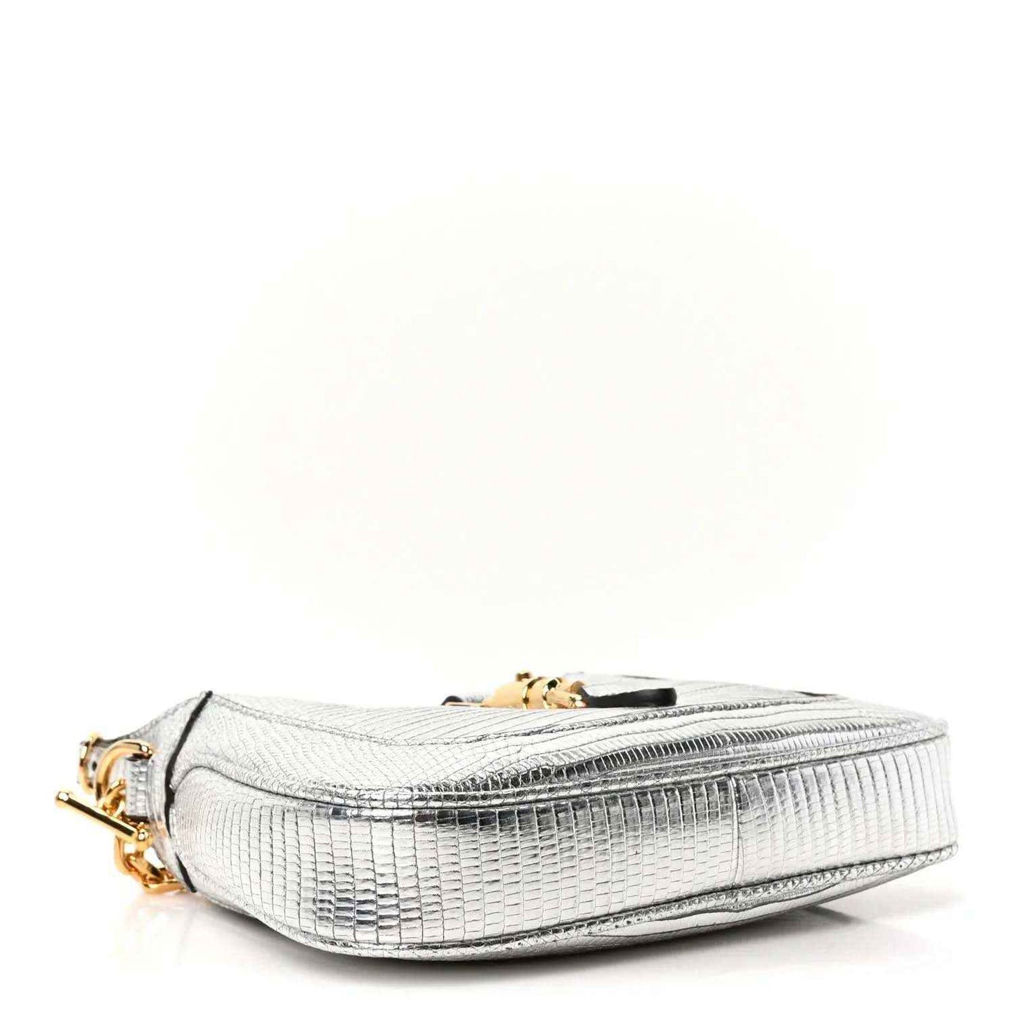 Silver lizard-effect mini shoulder bag with gold-tone top clasp and stitched trim