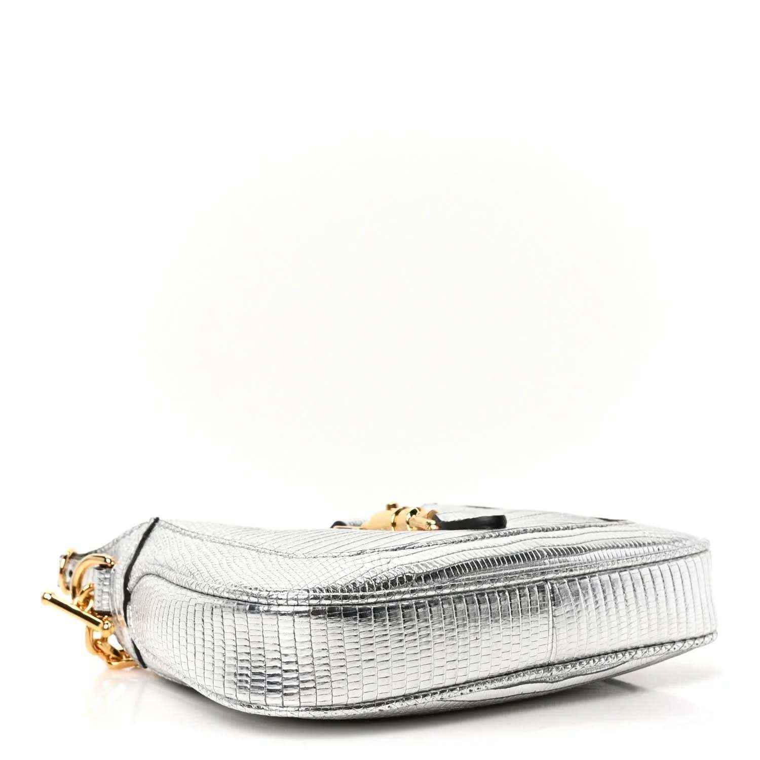 Silver lizard-effect mini shoulder bag with gold-tone top clasp and stitched trim