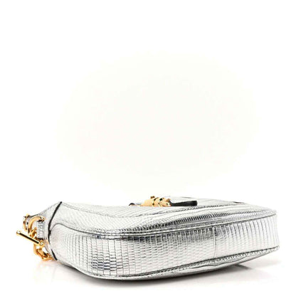 Silver lizard-effect mini shoulder bag with gold-tone top clasp and stitched trim