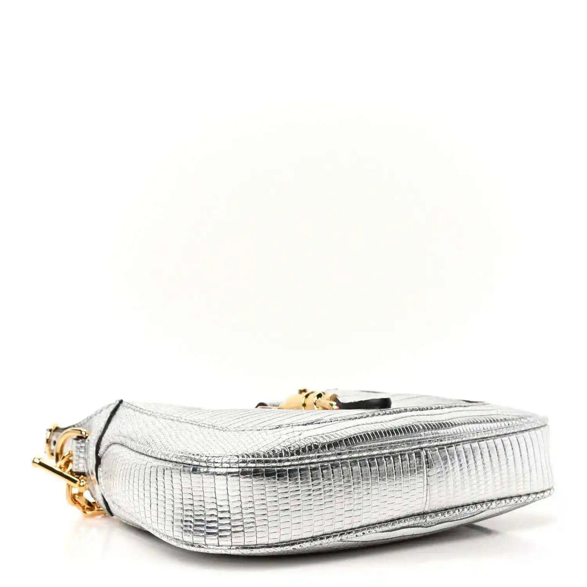 Silver lizard-effect mini shoulder bag with gold-tone top clasp and stitched trim