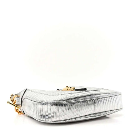 Silver lizard-effect mini shoulder bag with gold-tone top clasp and stitched trim