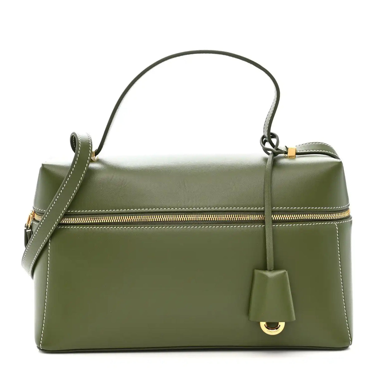 Olive green leather handbag with top handle, shoulder strap, and gold zipper