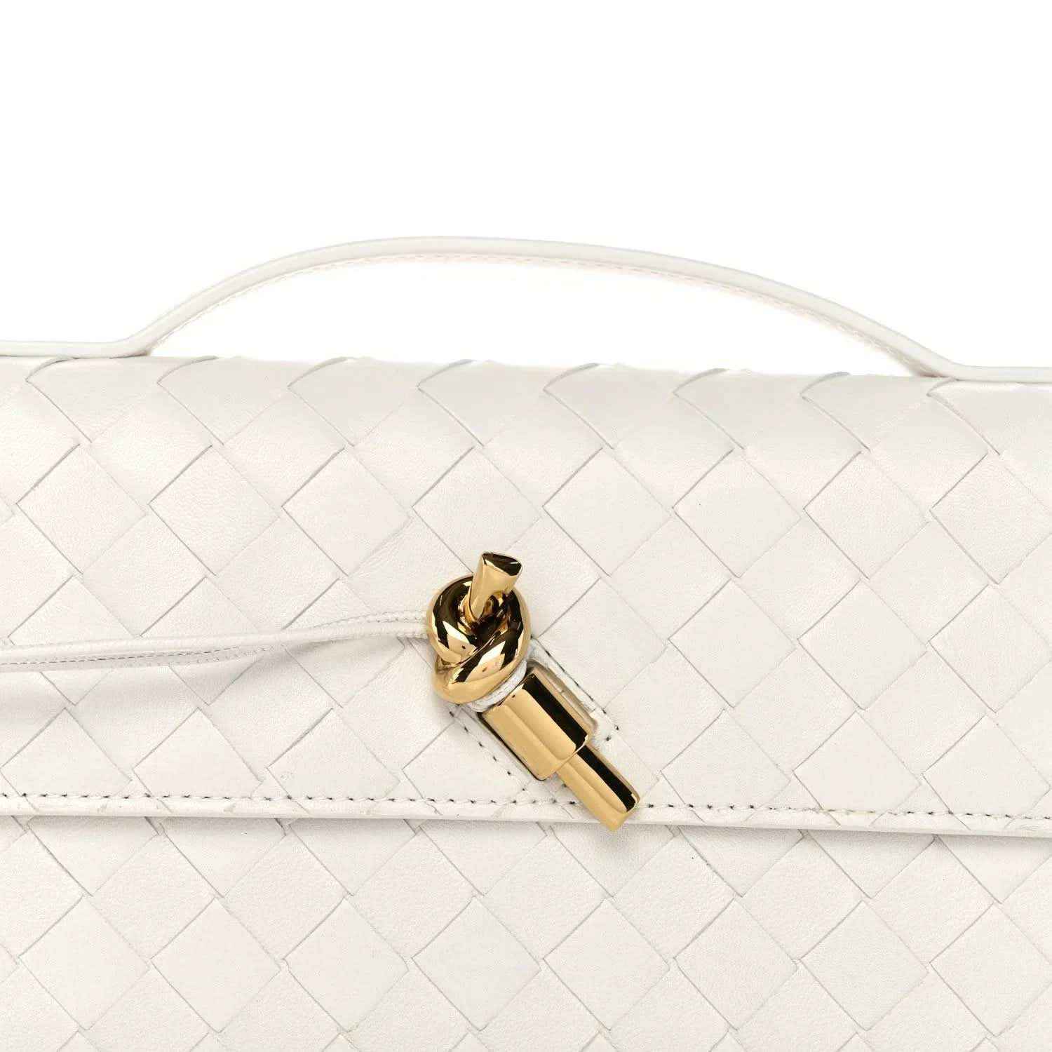 White intrecciato nappa clutch front flap with gold-tone bar clasp detail