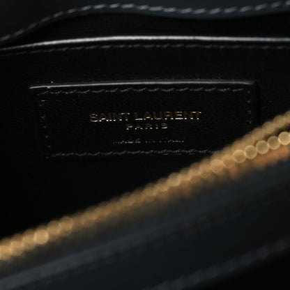 Saint Laurent leather satchel interior label with gold chain strap, dark blue