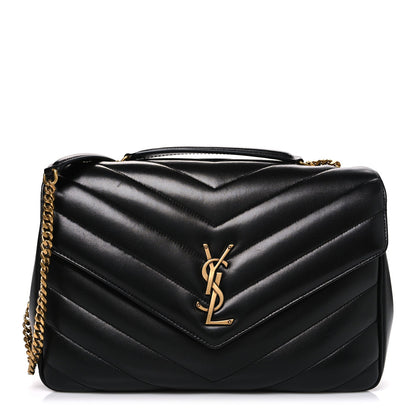 Black chevron-quilted leather shoulder bag with YSL clasp and chain strap