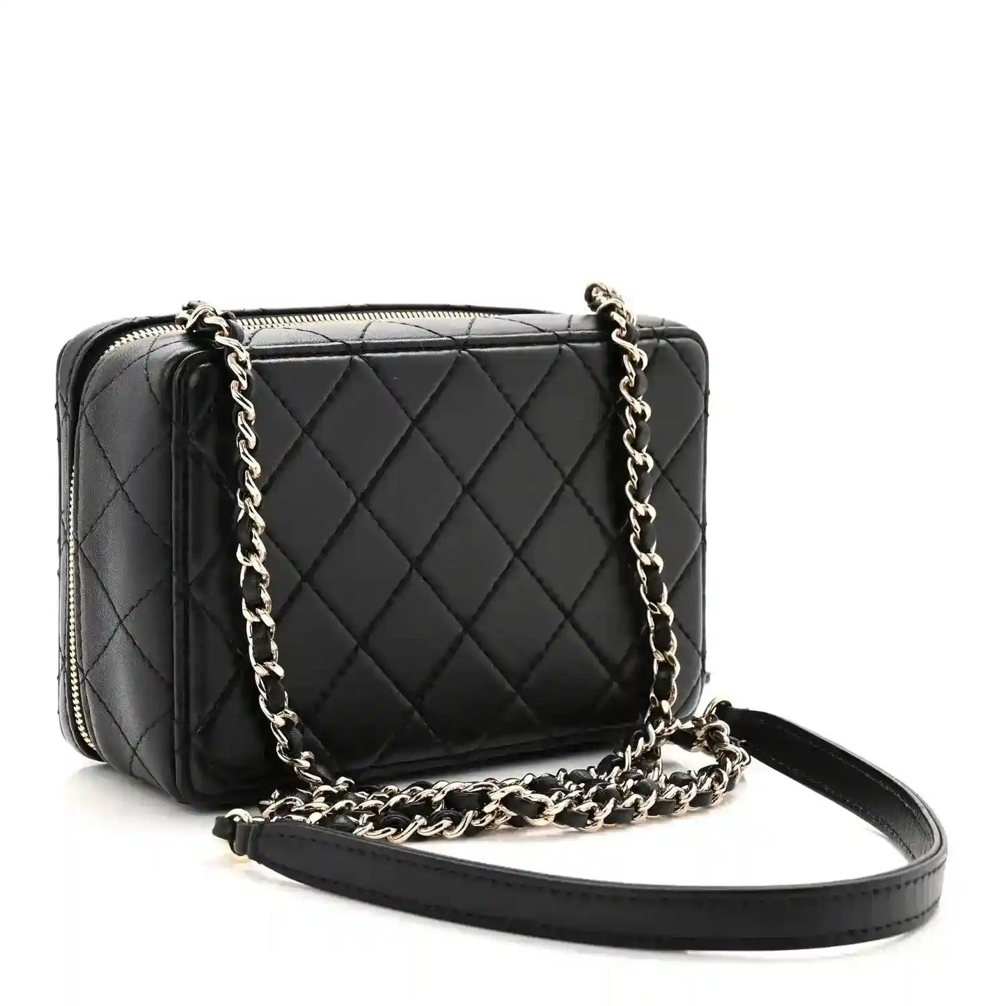 Black quilted lambskin shoulder bag with chain strap and gold-tone zipper trim